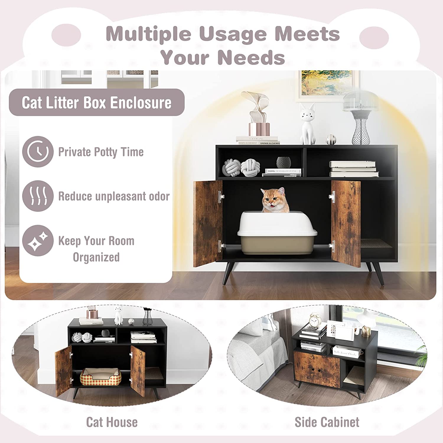 Cat Litter Box Enclosure, Hidden Cat Washroom Furniture with Double Door Cabinet, Compartments & Cat Scratch Pad