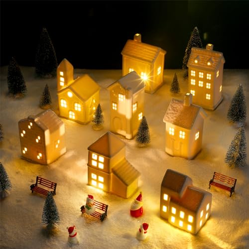 Soaoo 29 Pcs Ceramic Christmas Village Set 8 Led Village Houses 12 Christmas Trees 4 Snowmen 4 Benches and Fake Snow