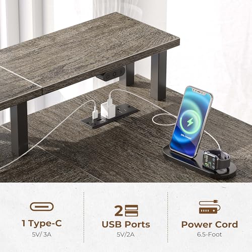 Seventable L Shaped Desk with File Drawers, 64" Home Office Desk with Power Outlet & LED Lights, Reversible Gaming Desk with Printer Storage Shelves