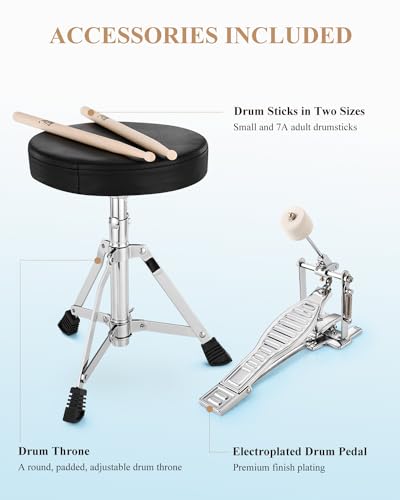 Kids Drum KIt Eastar 3-Piece for Beginners, 14 inch Drum Set with Adjustable Throne, Cymbal, Pedal & Two Pairs of Drumsticks