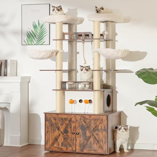 Heybly Cat Tree for Maine Coon with Litter Box Enclosure, 72-inch Wooden Cat Tower for Indoor Cats Large Adult, Big Condo with Food Station, Baskets