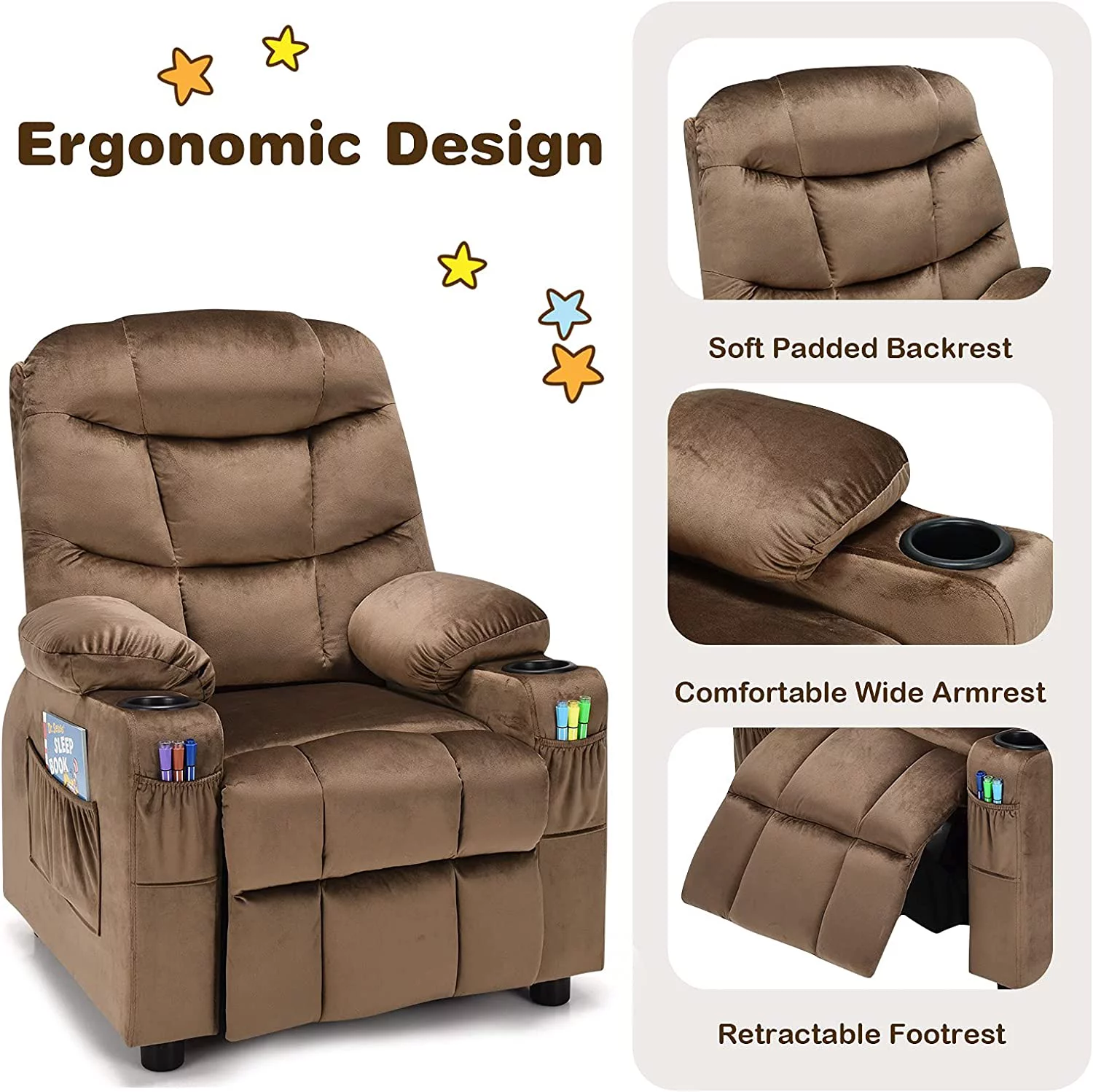 Kids Recliner Chair with Cup Holder  Adjustable Velvet Lounge Chair w/Footrest