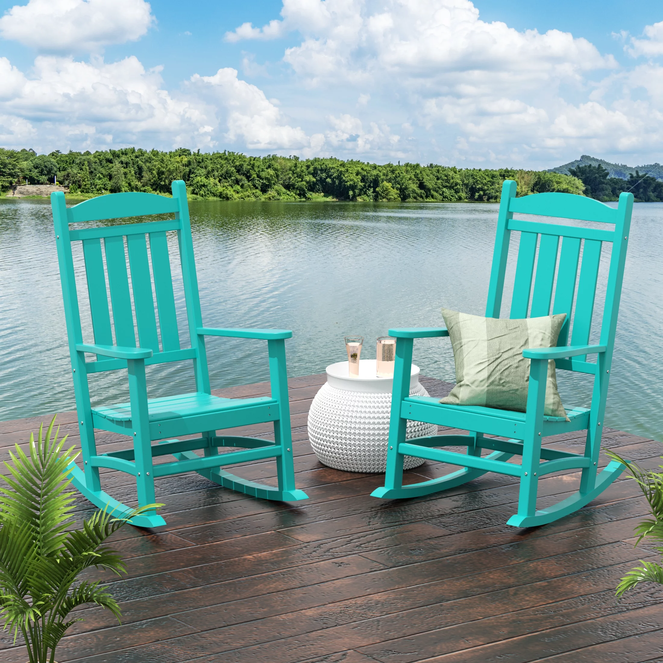 Costaelm Paradise Classic Plastic Outdoor Porch Rocking Chairs (Set of 2), Turquoise