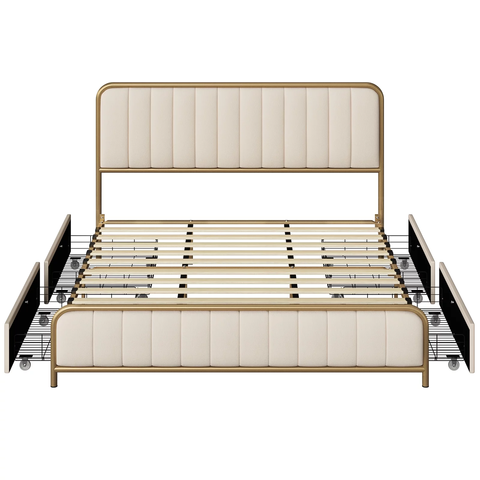 Homfa King Size 4 Drawers Storage Bed Frame, Gold Platform Bed with Tufted Upholstered Headboard, Beige