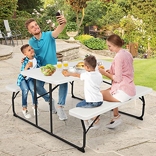 GYMAX Picnic Table, 550 LBS Folding Picnic Tables with Benches & Seats, Weather-Resistant Easy Setup Portable Picnic Table