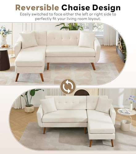 Tbfit L Shaped Couch Sofa, 80" W Mid-Century Modern Sectional Couches, 3 Seater Sofas with Wide Chaise Lounge & Two Pillows
