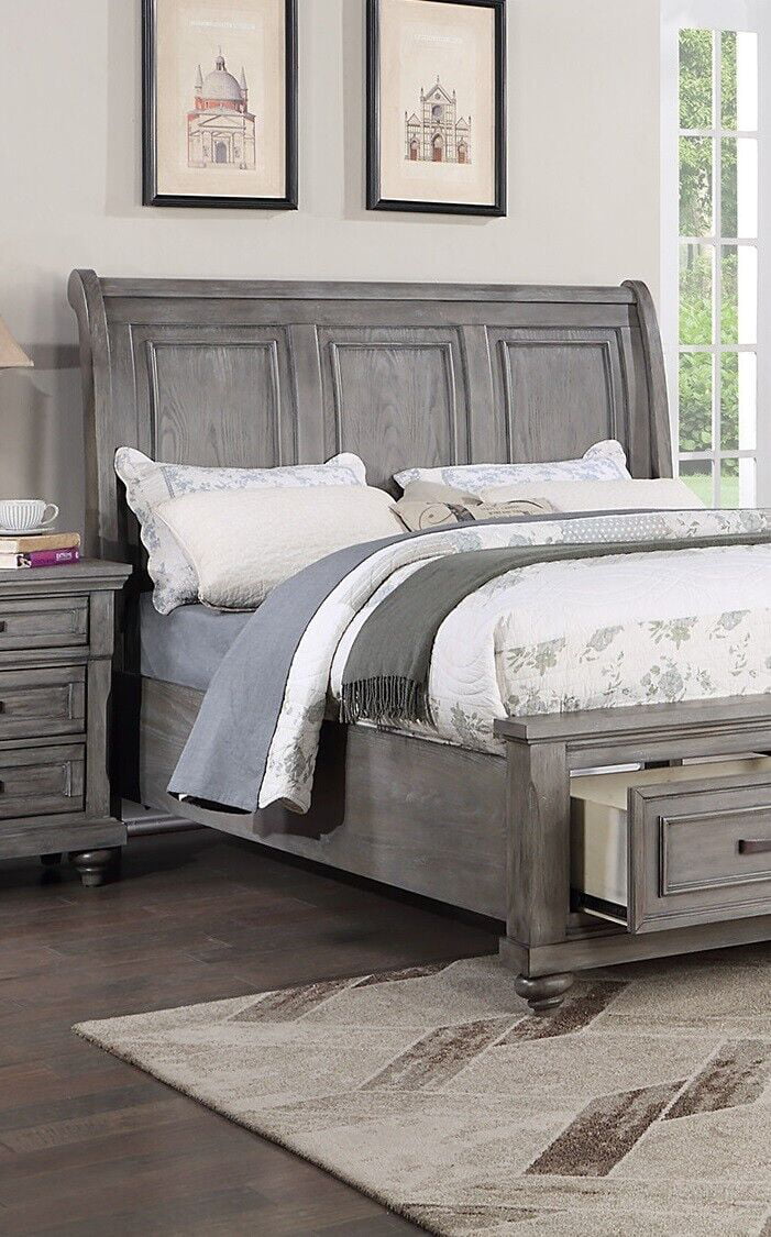 Grey Finish Wooden Queen Size Bed 2x Nightstands 3pc Set Bedroom Furniture Sleigh 3-Panel Design Headboard Storage Footboard