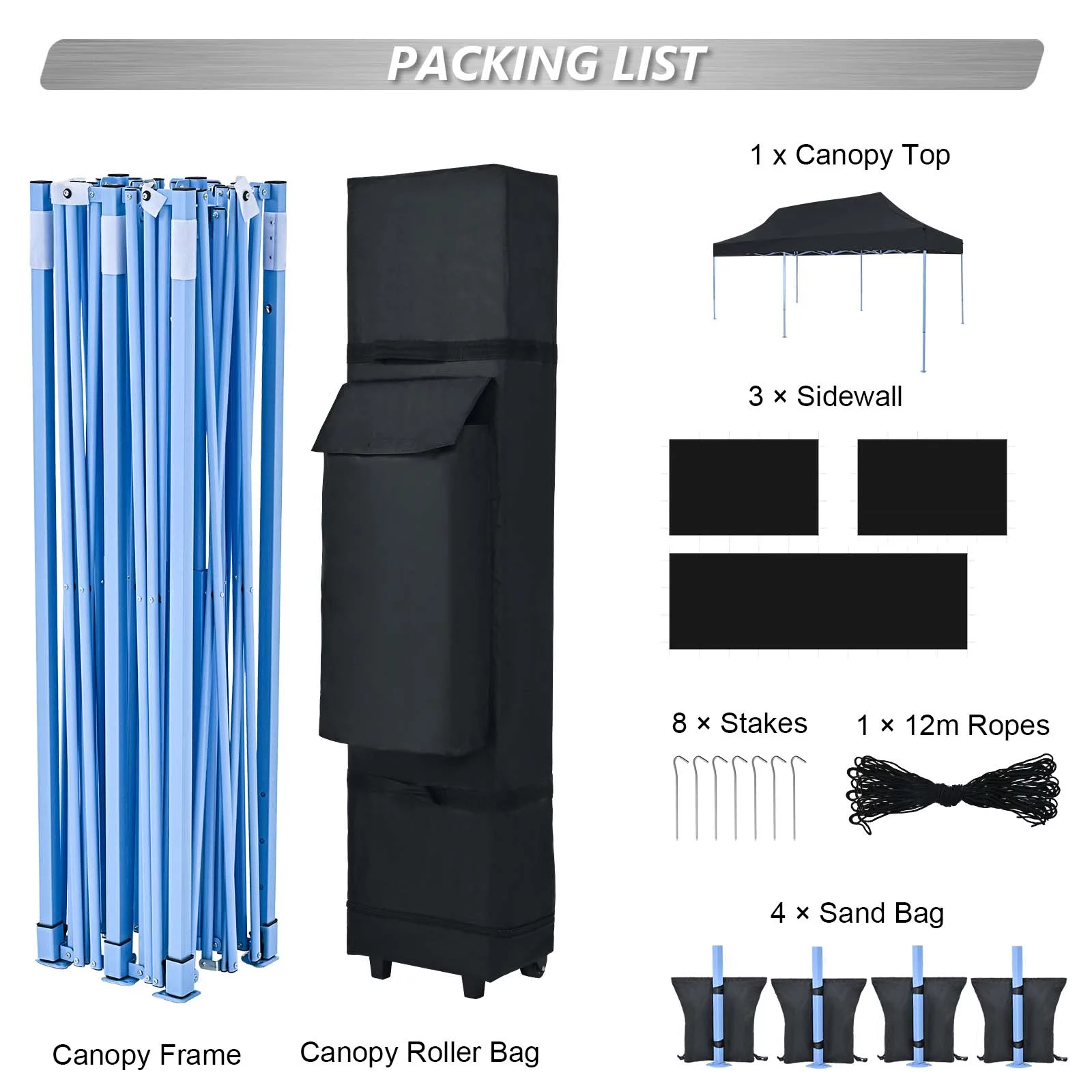 Texinpress 10'x20' Ez Pop Up Commercial Canopy Tent with Sidewalls, Black