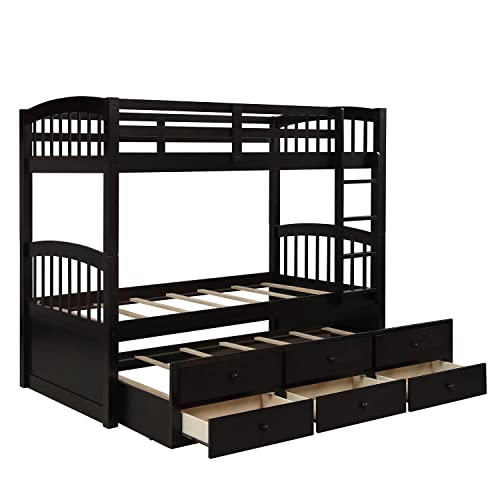 Harper & Bright Designs Twin Over Twin Bunk Bed with Storage Drawers, Solid Wood Bunk Bed Frame with Trundle, for Kids, Teens, Adults (Espresso)