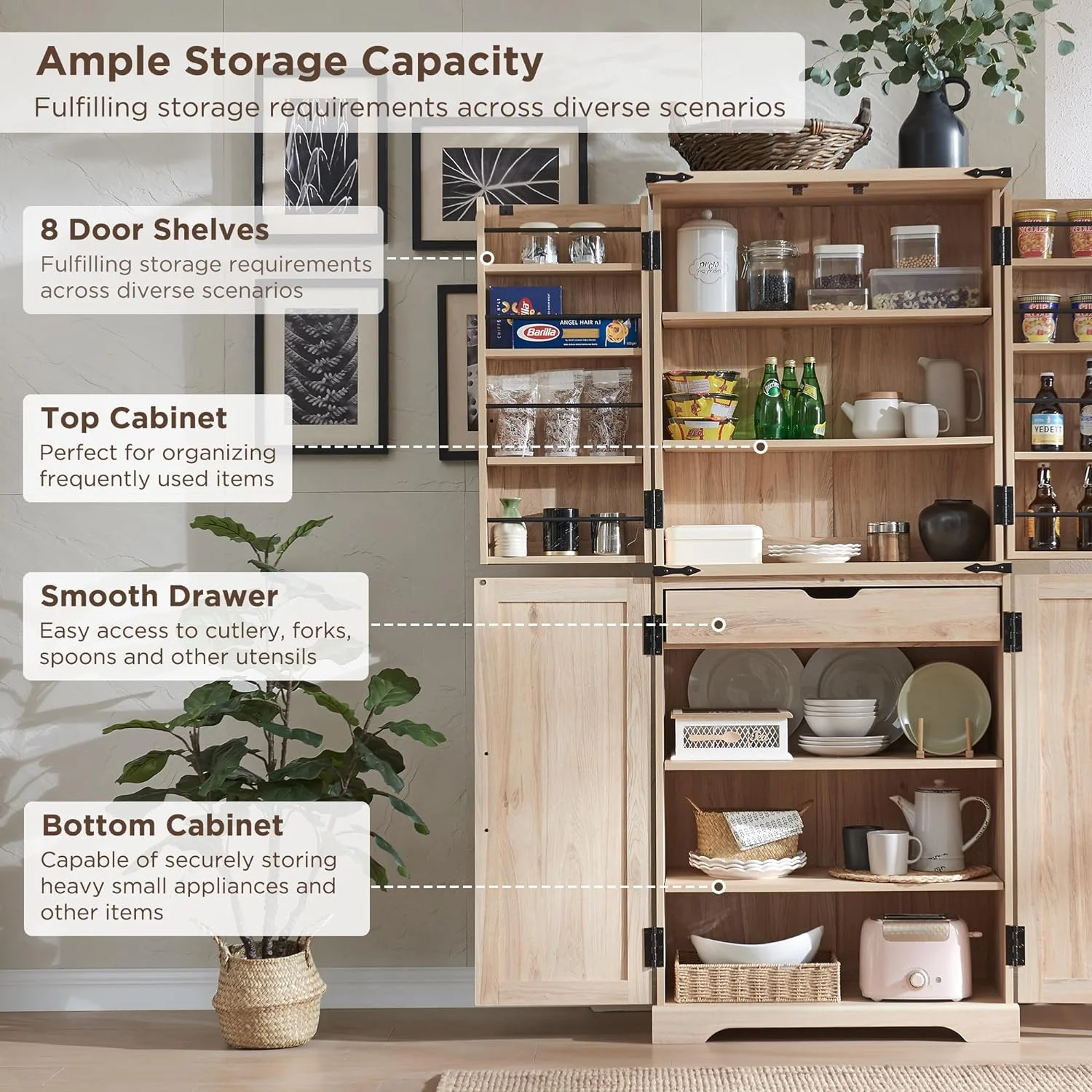 ACCOHOHO Farmhouse 72" Tall Kitchen  Pantry,Rattan Door and Adjustable Shelves, Single Drawer Wood Cupboard for Dining Room,Natural Oak