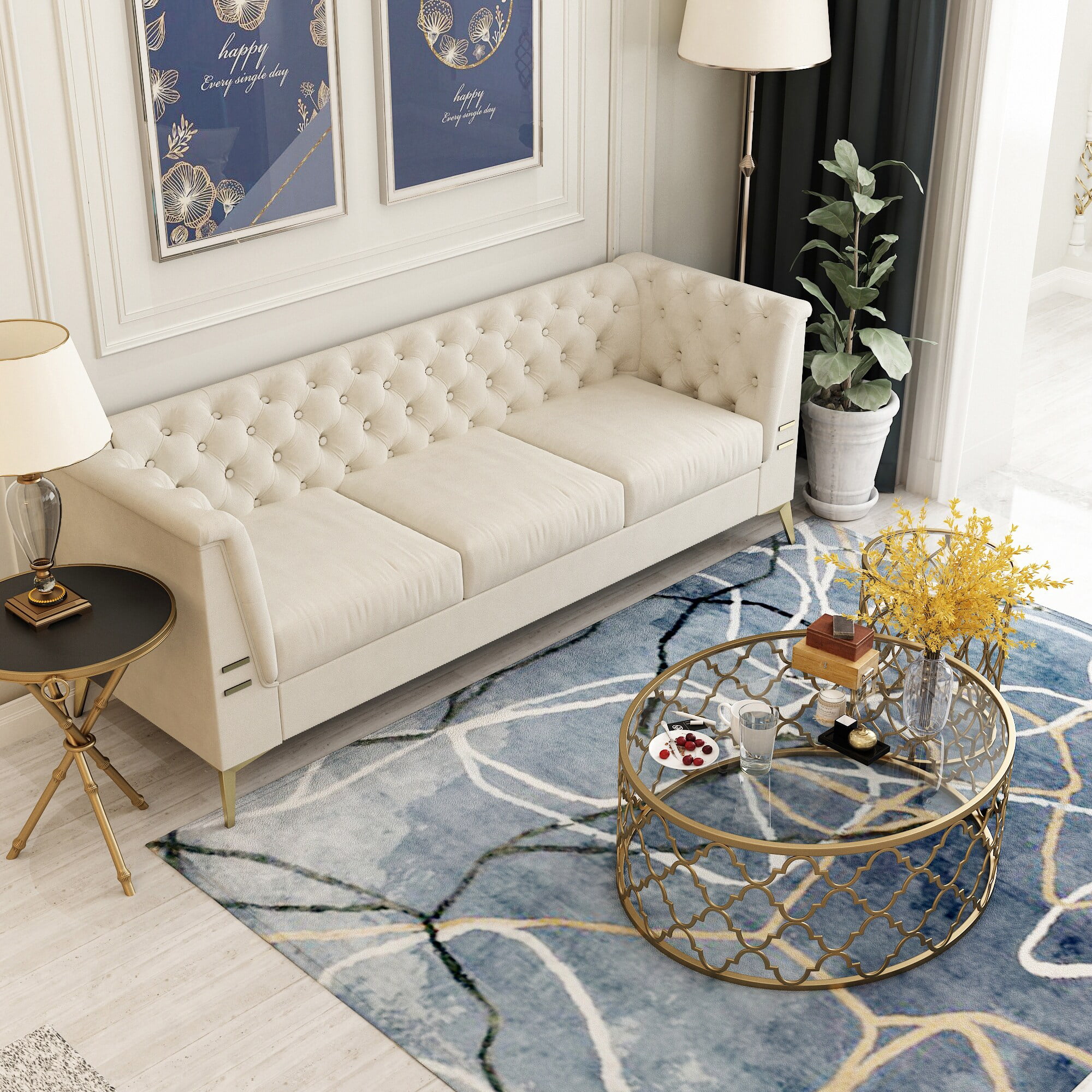 Modern 3-Color Velvet Flared Arm Sofa 3-Seat Couch with Gold Legs Beige