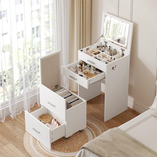 Compact Vanity with 3 Drawers, 3 in 1 Vanity Desk, Makeup Desk with Flip-up 3 Colors Lighting Mirror and Cushioned Stool