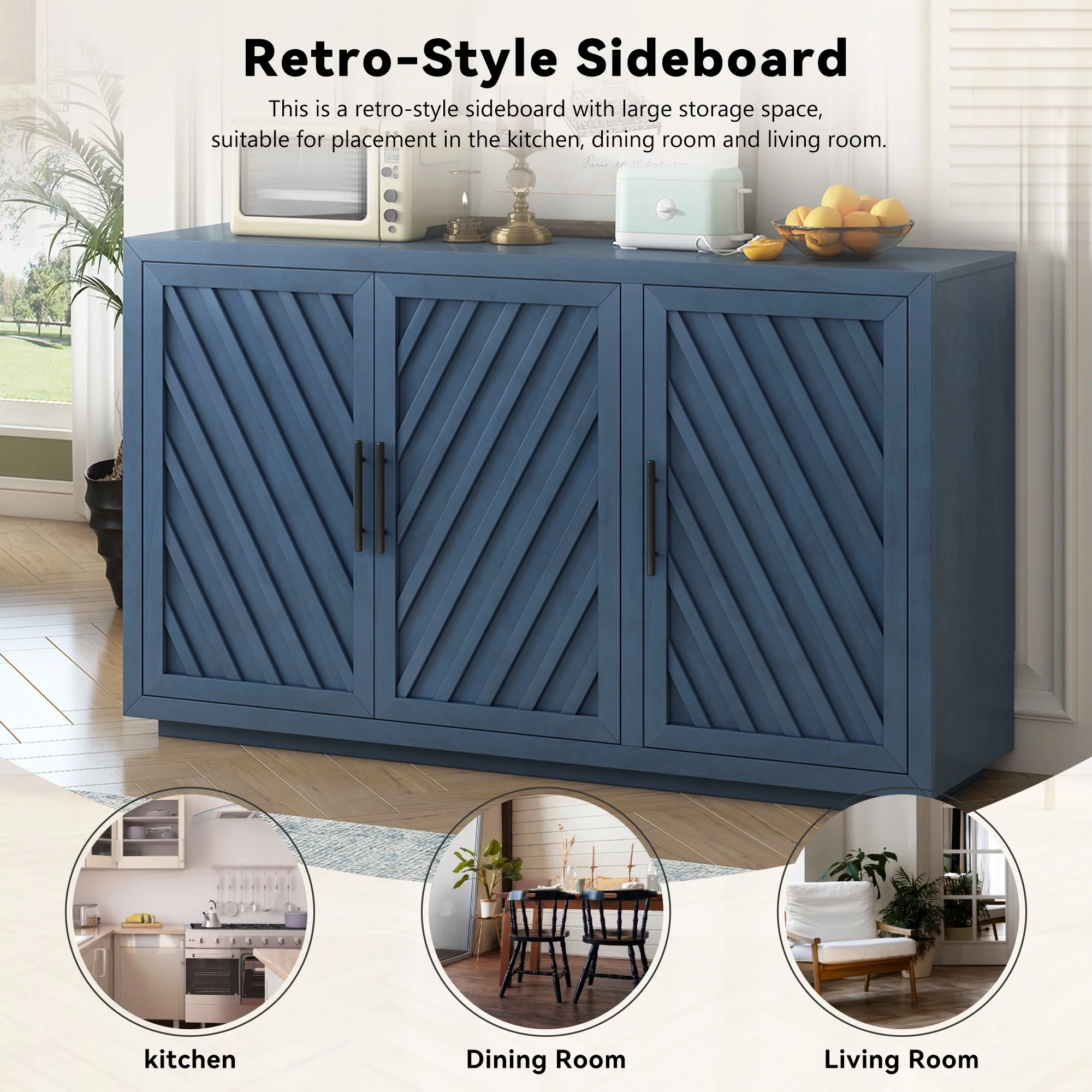 Churanty 3 Doors Large Storage Vintage Sideboard Cabinet, 60'' Retro Sideboard with Adjustable Shelves
