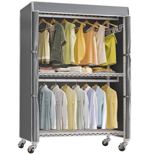 VIPEK R2C Medium Rolling Garment Rack with Cover Heavy Duty Clothes Rack Adjustable Clothing Rack for Hanging Clothes Portable Closets with Double