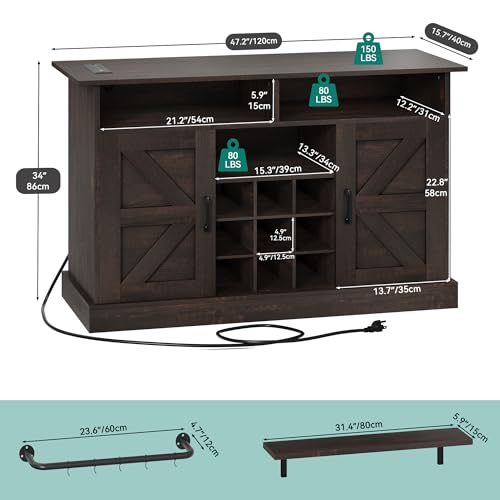 YITAHOME Buffet Cabinet, 47" Farmhouse Coffee Bar with Power Outlet, Floating Shelves