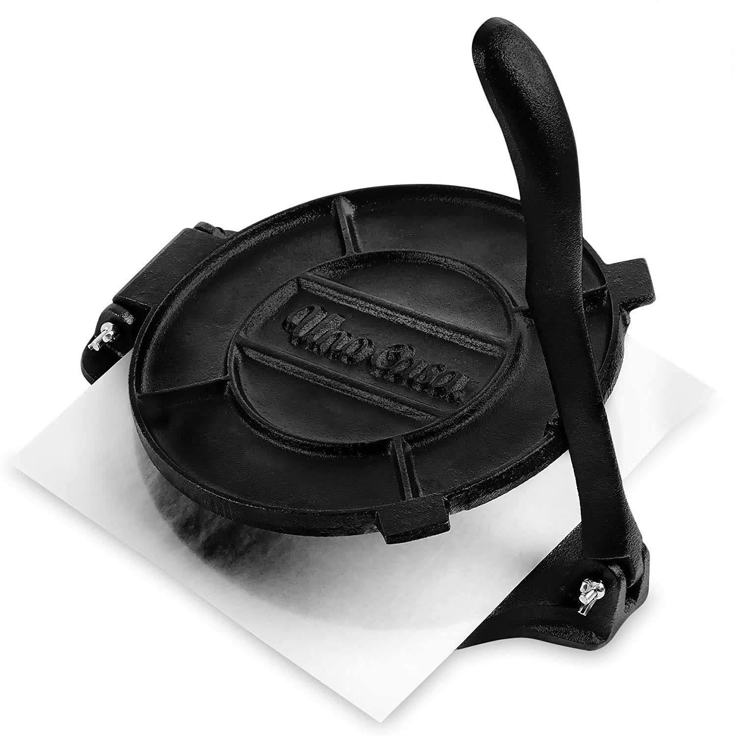 Uno Casa Cast Iron 10 inch Tortilla Press - Roti and Tortilla Maker - Bonus 100 Pcs Parchment Paper
