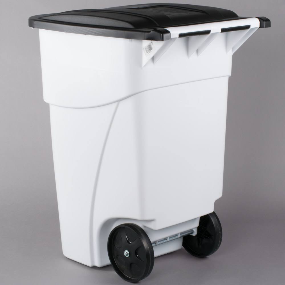 Rubbermaid 1829410 Brute 50 Gallon White Rollout Trash Container with Lid