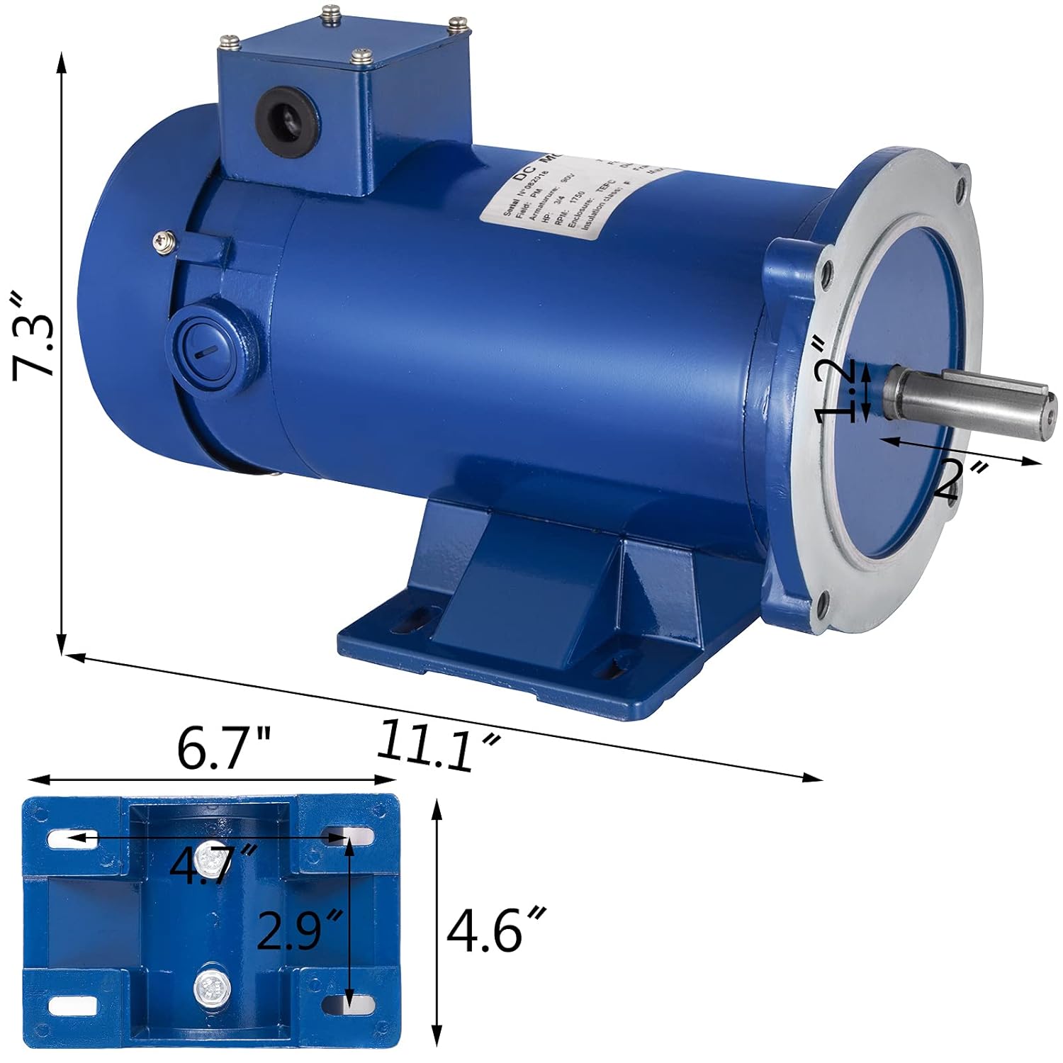 VEVOR 3/4HP 90V DC Motor 56C Frame Rated Speed 1750RPM TEFC Permanent Magnet DC Motor with Carbon Brushes