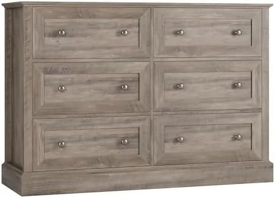 6 Drawer Double Dresser  Wood Dresser Chest  Wide Chest of Drawers with Deep Drawers &amp; Mental Double Handles for Hallway Living Room  Wash Gray