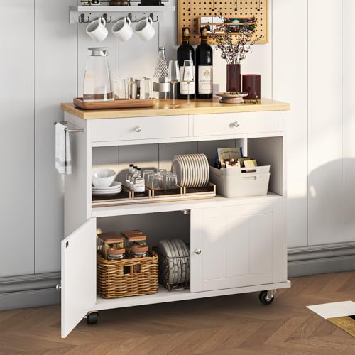 Rolling Kitchen Island with Storage Cabinet, 35.4'' Width Kitchen Cart, 2 Drawers Island Table, Portable Mobile Kitchen Island with Towel Rack