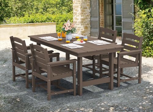SERWALL Outdoor HDPE Dining Table Set, 7-Piece Outdoor Dining Table Sets with Umbrella Hole Cut-Out Table and 6 Chairs, Gray