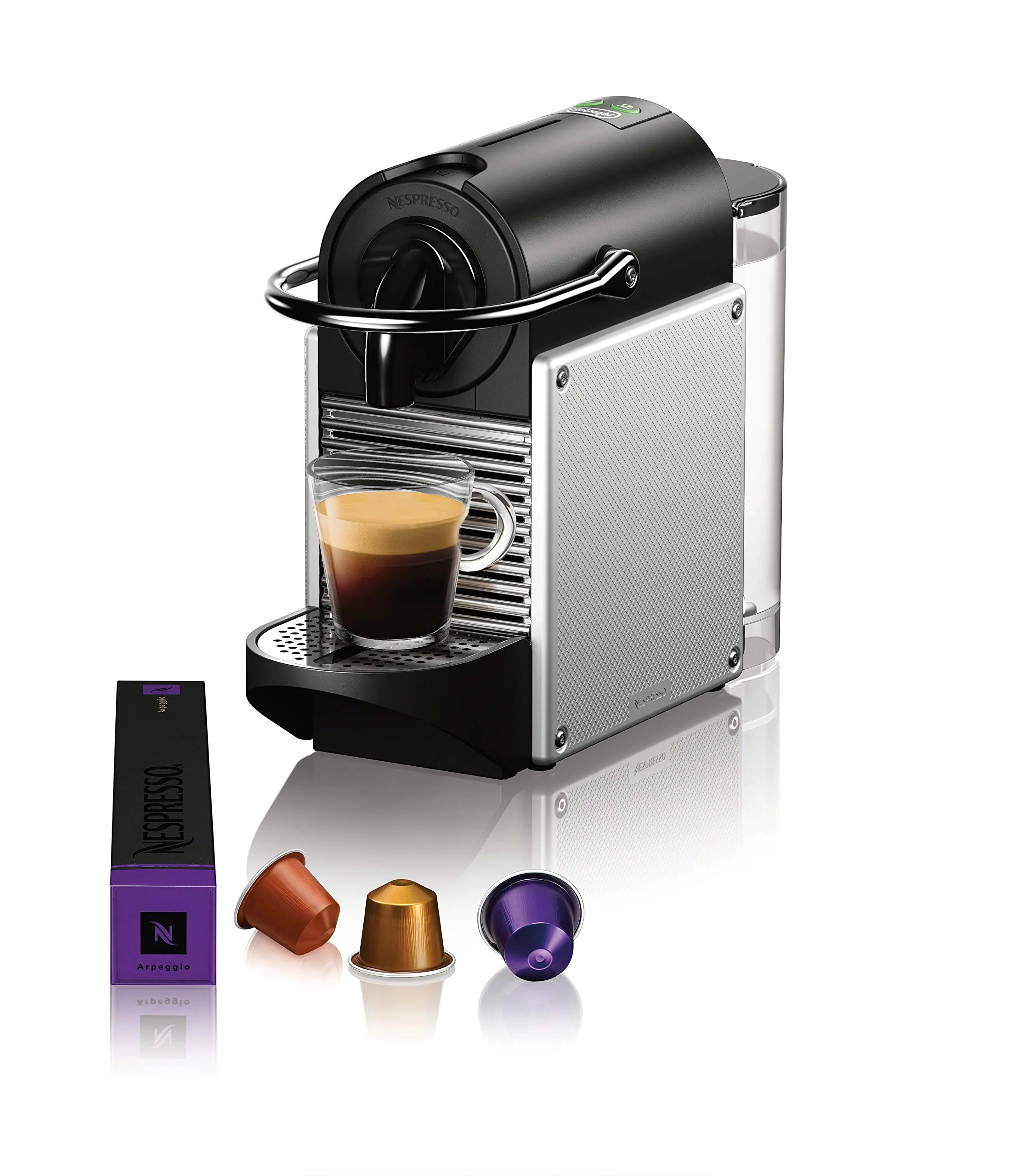 Nespresso by De'Longhi Pixie Single-Serve Espresso Machine with Simplified Water Tank in Aluminum and Aeroccino Milk Frother in Black