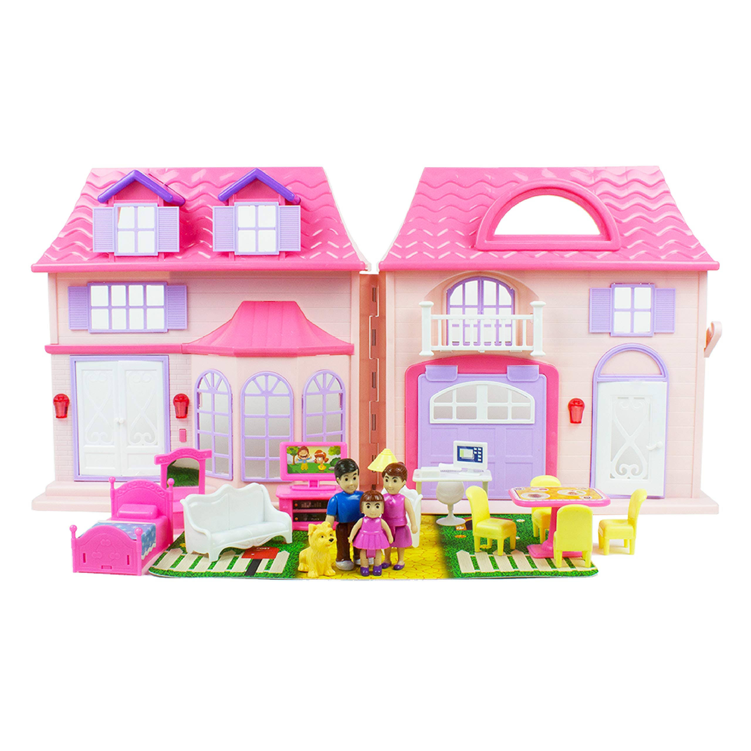 Boley American Doll House - 21 PC Kids u0026 Toddler Toy House Playset with Small Furniture u0026 Dolls