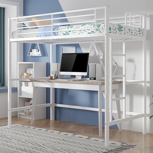 VECELO Loft Bed Twin Size, Metal Bedframe with Removable Ladder and Safety Guardrail, No Box Spring Needed, Space Saving, Noise Free, Pink