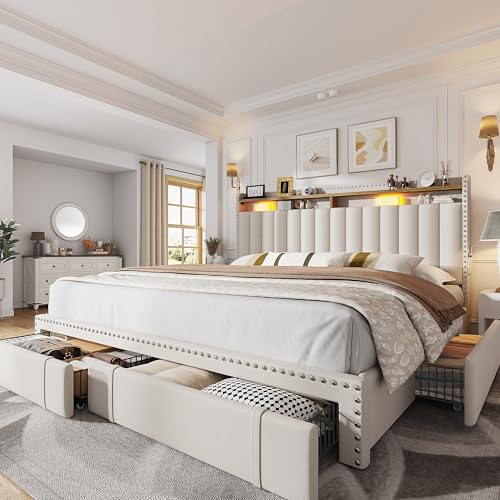 EnHomee Queen Bed Frame with 3 Storage Drawers, Upholstered Bed Frame Queen Size with 2-Tier Storage Headboard, Wooden Slats, No Box Spring Needed