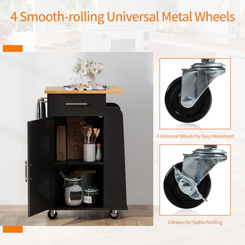 Shintenchi Rolling Kitchen Island Cart with Folding Drop Leaf Breakfast Bar, Portable Trolley Island with Large Storage Cabinet, Shelf and Drawer