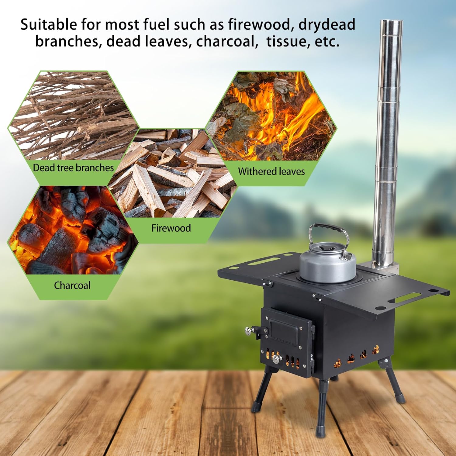 Camping Wood Stove, Outdoor Portable Tent Wood Burning Stove with Stainless Chimney Pipes