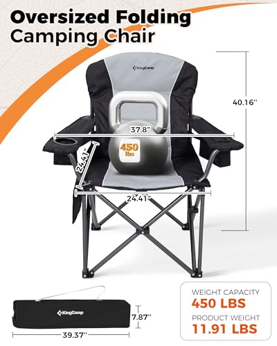 KingCamp Oversized Camping Folding Chair, Heavy Duty 450 LBS with Lumbar Support, Padded Outdoor Chair with Cup Holder