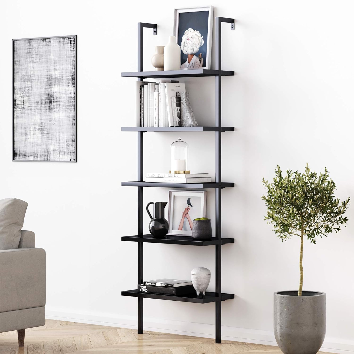 Nathan James Theo 5-Shelf Modern Bookcase, Open Wall Mount Ladder Bookshelf with Industrial Metal Frame, White/Gold
