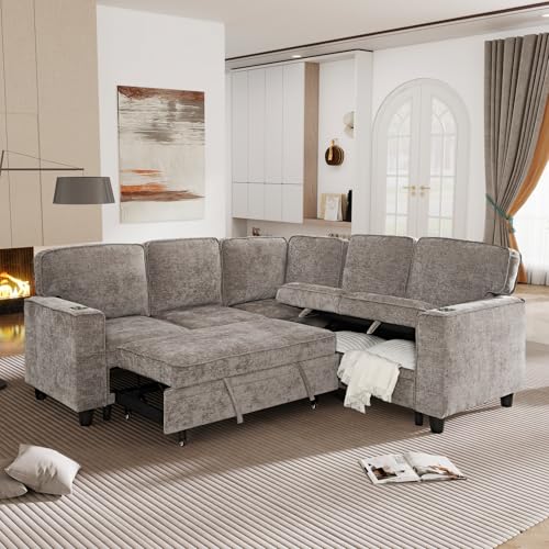 L-Shaped Pull Out Sleep Sofabed,Modern Reversible Sleeper Sectional Sofa Chenille Upholstered Button Tufted Decor with Storage Chaise