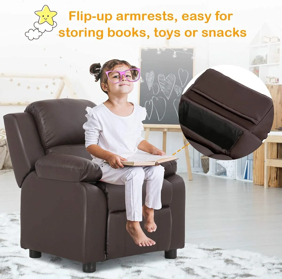 Kids Recliner, Leather Recliner Chair w/Footrest, Armrest Storage, Headrest & Lumbar Support, Ergonomic Lounge Chair for Living & Gaming Room