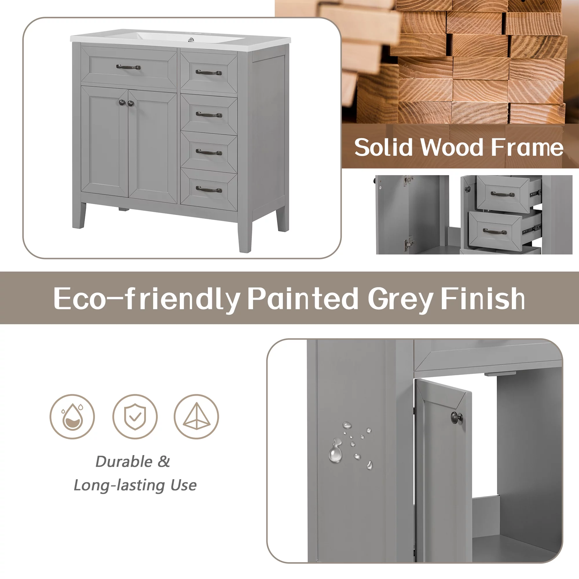 EUROCO 36" Bathroom Vanity with Sink Combo,Modern Freestanding Bathroom Storage Cabinet with 3 Drawers and 2 Doors , Solid Wood Frame,Grey