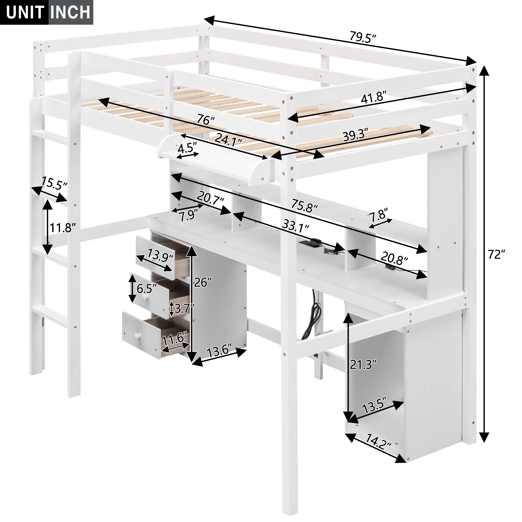 Euroco Twin Size Loft Bed with Built-in Desk, 3 Drawers and USB Charging Station, LED Light Under Bed Space
