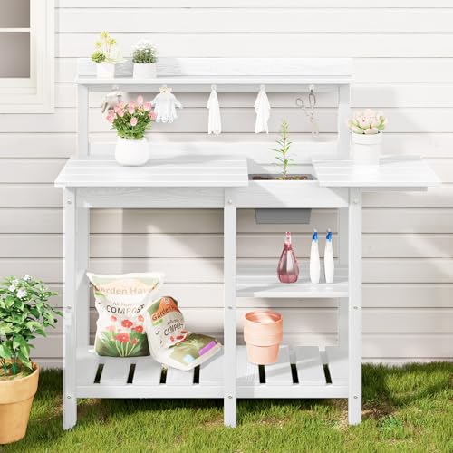 SERWALL Potting Bench Outdoor Potting Table with Sink, HDPE Potting Benches for Outside Gardening Table All Weather Use- Black