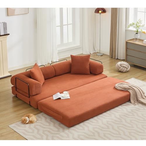 Convertible Sleeper Sofa Bed with Cylindrical Pillow, Corduroy Folding Mattress Couch with Fixed-Shape Frame