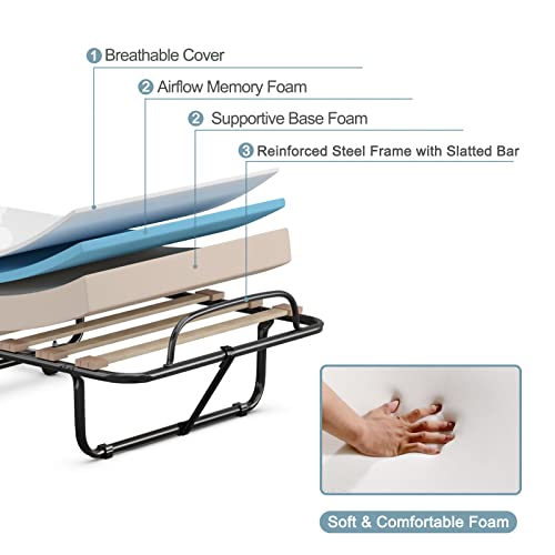 Giantex Folding Bed with 3" Mattress for Adults, Made in Italy, Rolling Foldaway Guest Bed, Memory Foam Mattress, Sturdy Metal Frame