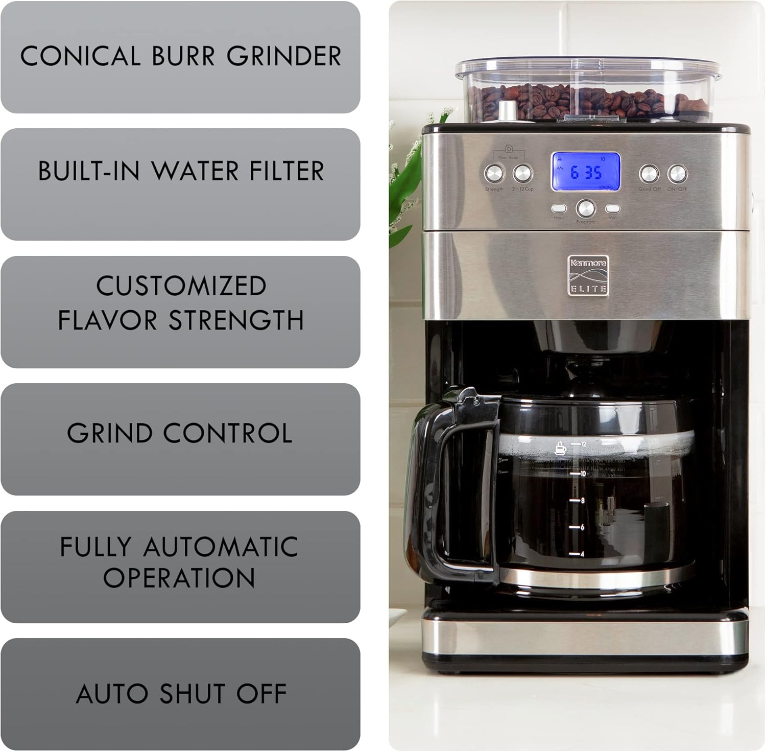 Kenmore Elite Grind and Brew Coffee Maker w/ Burr Grinder, 12 Cup Programmable Automatic Timer Brew Coffee Machine, Air-Tight Bean Hopper