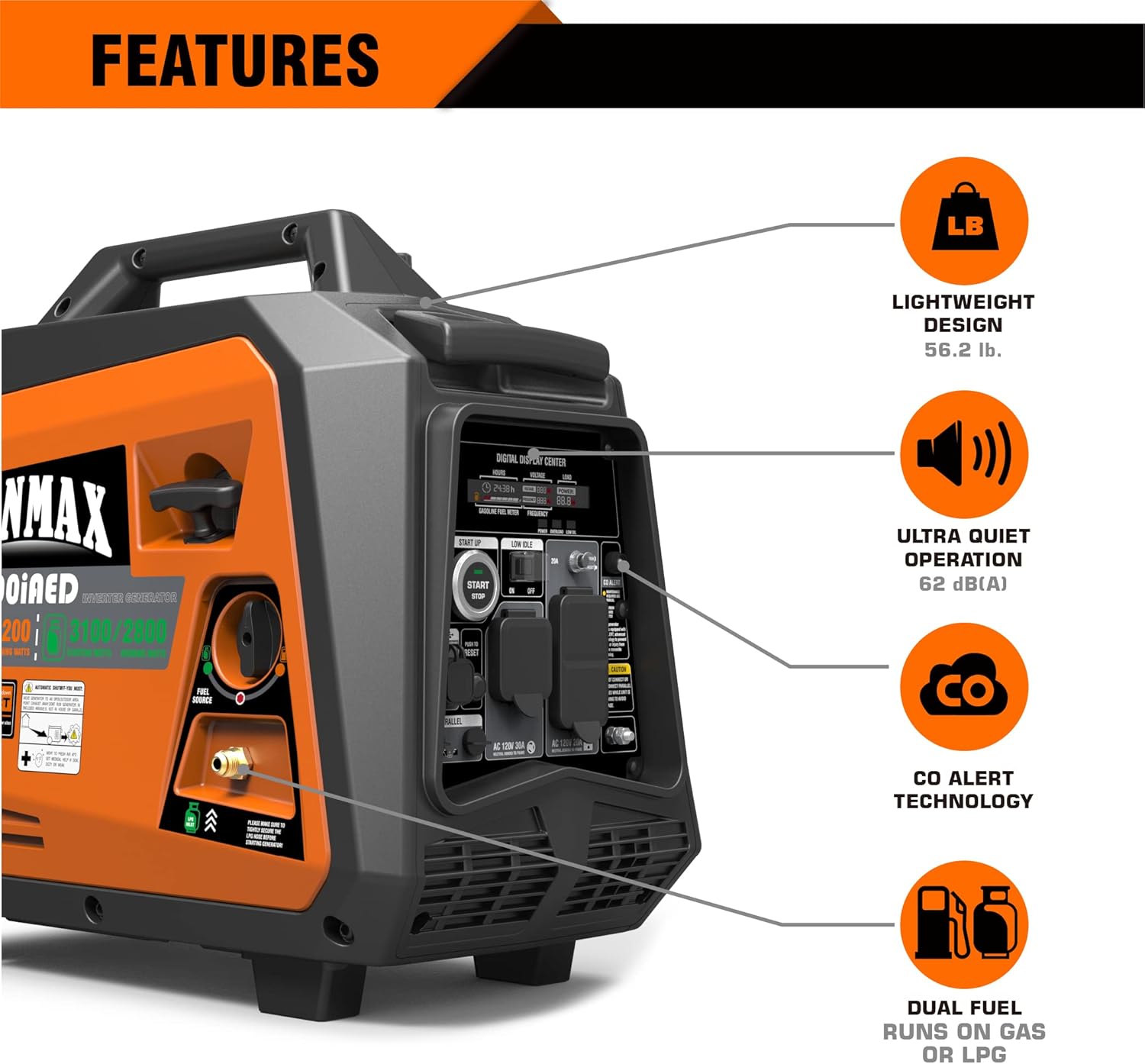 GENMAX Portable Inverter Generator, 3500W Super Quiet Gas or Propane Powered Engine with Parallel Capability, Remote/Electric Start
