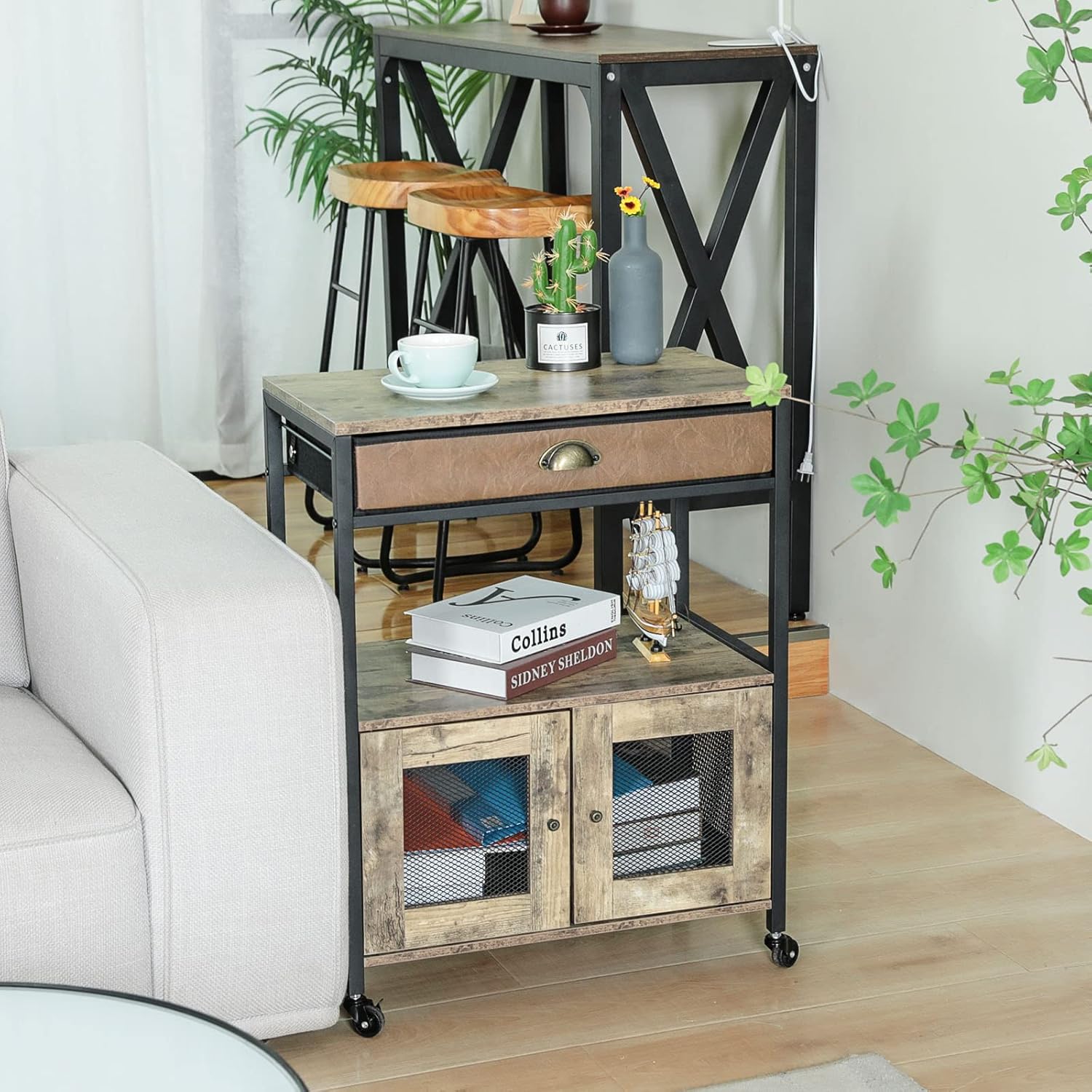 X-cosrack 28 Inch Mobile Printer Stand with Storage, Large End Table with Drawer and Storage Cabinet Printer Table with Wheels