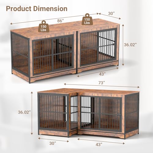 Rovibek Double Dog Crate Furniture, 86 Inch, 2 Dog Crate with Removable Divider & Trays, Furniture Style Dog Cage for 2 Dogs Indoor with Three Doors