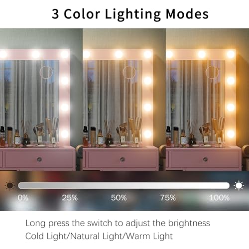 55" W Vanity Desk, Makeup Vanity with Charging Station, 15 Drawers with Lighted Mirror, 3 Lighting Modes, Brightness Adjustable, Glass Top