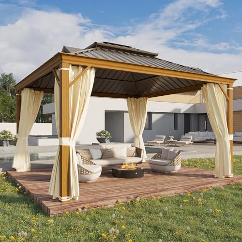 YOLENY 10' x 12' Hardtop Gazebo, Metal Gazebo with Aluminum Frame, Double Galvanized Steel Roof, Curtains and Netting Included
