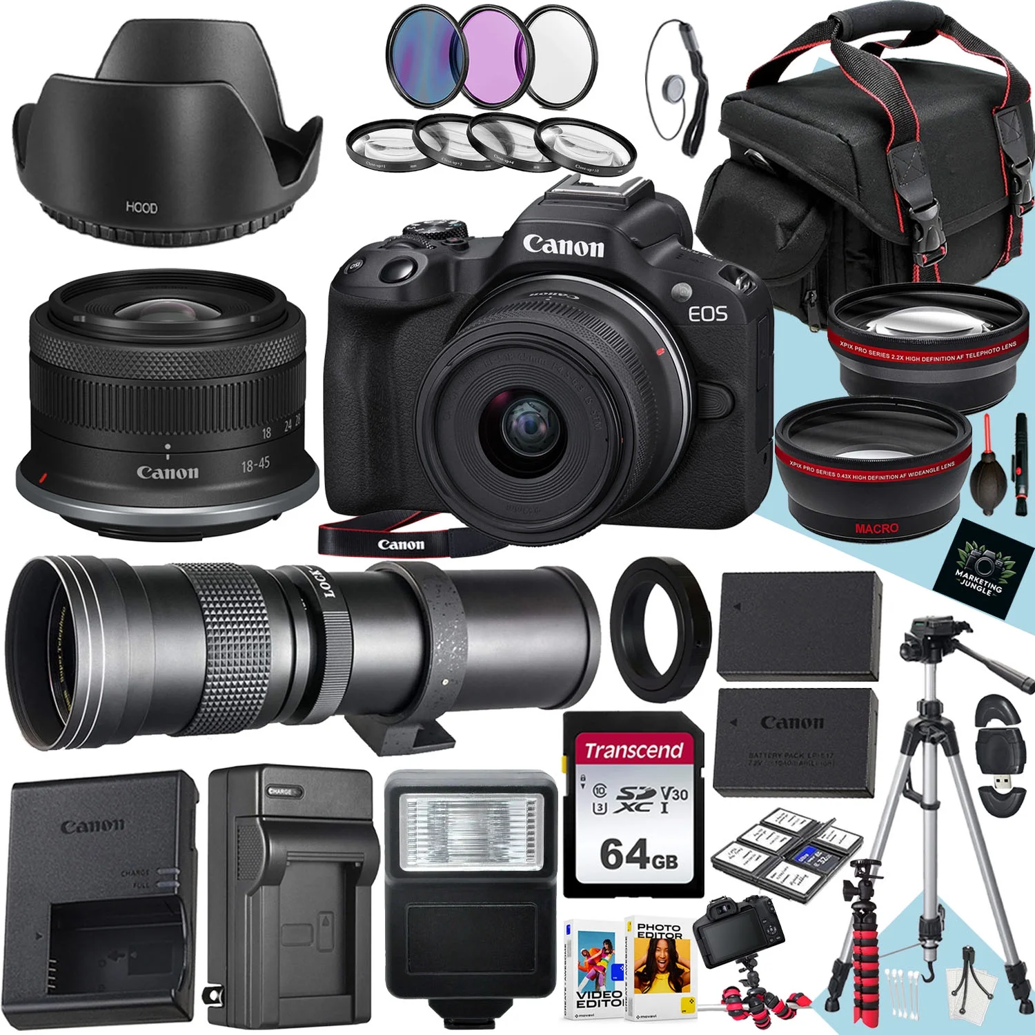 Canon EOS R50 Mirrorless Camera With RF-S 18-45mm f/4.5-6.3 IS STM And 420-800mm f/8.3 HD Telephoto Zoom Lens + 64 GB Memory + Filters + Tripod +
