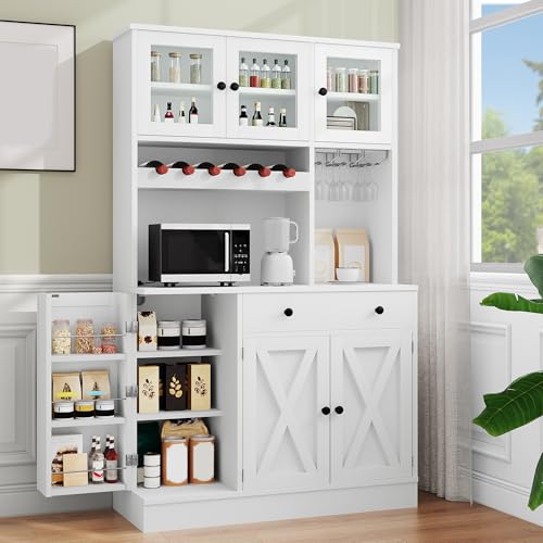 YITAHOME Kitchen Pantry Cabinet with Wine Rack & Power Outlet, 71" H Tall Storage Cabinet with Doors, Shelves, Drawer