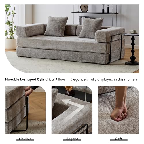 Convertible Sleeper Sofa Bed with Cylindrical Pillow, Corduroy Folding Mattress Couch with Fixed-Shape Frame