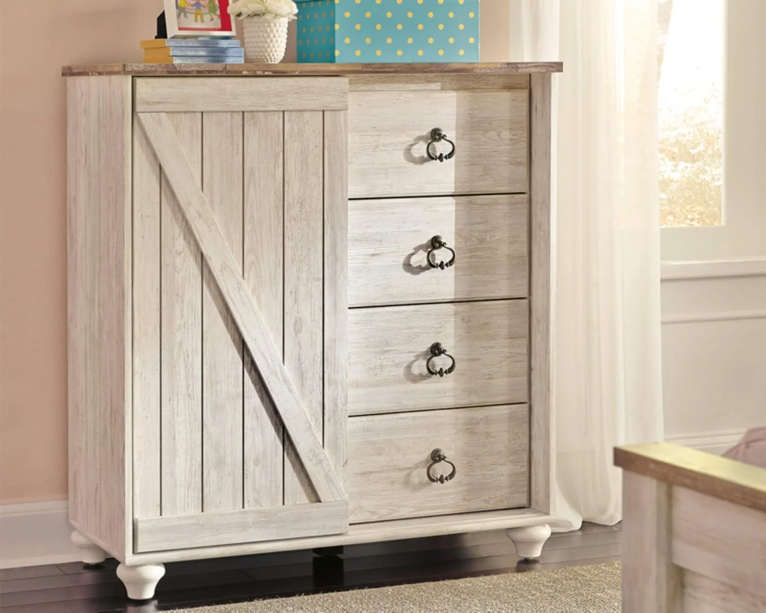 Ashley Furniture Willowton 4 Drawer Door Chest in Whitewash